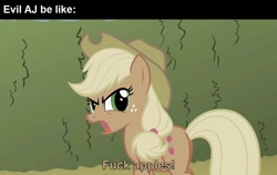 Size: 1280x810 | Tagged: safe, edit, edited screencap, editor:fluttershyisnot adoormat, imported from derpibooru, screencap, applejack, earth pony, pony, season 2, the return of harmony, applejack's hat, bad language, caption, cowboy hat, discorded, evil, evil character be like, female, freckles, green eyes, hat, mare, meme, open mouth, outdoors, solo, standing, swearing, text, that pony sure does hate apples, vulgar