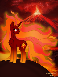 Size: 720x960 | Tagged: safe, artist:madlilon2051, imported from derpibooru, oc, oc only, pony, unicorn, chest fluff, ear fluff, horn, mane of fire, solo, unicorn oc, volcano