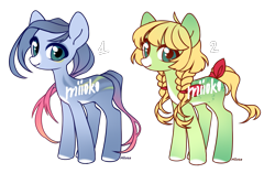 Size: 1891x1191 | Tagged: safe, artist:miioko, imported from derpibooru, oc, oc only, earth pony, pony, braid, colored hooves, duo, earth pony oc, simple background, smiling, transparent background