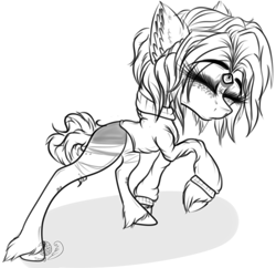 Size: 1924x1861 | Tagged: safe, artist:beamybutt, imported from derpibooru, oc, oc only, earth pony, pony, clothes, ear fluff, earth pony oc, eyelashes, eyes closed, female, lineart, mare, monochrome, raised hoof, simple background, solo, unshorn fetlocks, white background