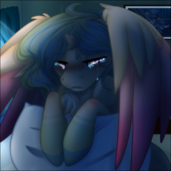 Size: 3610x3610 | Tagged: safe, artist:sketchytwi, imported from derpibooru, oc, oc only, oc:aurora, alicorn, pony, alicorn oc, bust, chest fluff, female, high res, horn, hug, indoors, mare, pillow, pillow hug, solo, wings