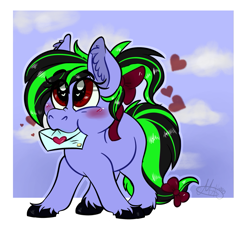 Size: 905x840 | Tagged: safe, artist:millefaller, imported from derpibooru, oc, oc only, earth pony, pony, blushing, bow, cute, ear fluff, earth pony oc, female, hair bow, heart eyes, letter, mare, mouth hold, ocbetes, solo, tail, tail bow, unshorn fetlocks, wingding eyes