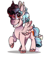 Size: 700x940 | Tagged: safe, artist:millefaller, imported from derpibooru, cozy glow, pegasus, pony, colored wings, ear fluff, evil grin, female, filly, grin, raised hoof, red eyes, shadow, signature, simple background, smiling, solo, spread wings, standing, tail, two toned wings, unshorn fetlocks, white background, wings