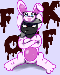 Size: 700x879 | Tagged: safe, artist:tranzmuteproductions, imported from derpibooru, oc, oc only, oc:tranzmute, bat pony, pony, animal costume, bat pony oc, bunny costume, clothes, costume, frown, grumpy, male, solo, stallion, vulgar