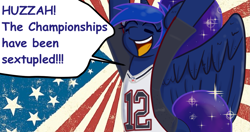 Size: 1323x700 | Tagged: safe, artist:tranzmuteproductions, imported from derpibooru, princess luna, alicorn, pony, :d, american flag, american football, cheering, clothes, ethereal mane, eyes closed, female, huzzah, mare, new england patriots, nfl, open mouth, open smile, smiling, sports, starry mane, talking, the fun has been doubled