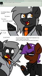 Size: 1000x1821 | Tagged: safe, artist:tranzmuteproductions, imported from derpibooru, oc, oc only, oc:tranzmute, bat pony, pony, unicorn, ask, bat pony oc, bat wings, bust, clothes, dialogue, horn, male, necktie, scared, smiling, stallion, suit, unicorn oc, wings