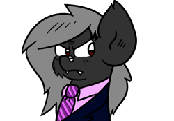 Size: 1000x700 | Tagged: safe, artist:tranzmuteproductions, imported from derpibooru, oc, oc only, oc:tranzmute, bat pony, pony, bandaid, bandaid on nose, bat pony oc, bust, cheek fluff, clothes, fangs, frown, gray mane, looking sideways, male, necktie, simple background, solo, stallion, suit, white background