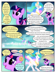 Size: 612x792 | Tagged: safe, artist:newbiespud, edit, edited screencap, imported from derpibooru, screencap, princess celestia, twilight sparkle, alicorn, pony, unicorn, comic:friendship is dragons, magical mystery cure, comic, dialogue, eyelashes, female, jewelry, mare, peytral, raised hoof, screencap comic, smiling, tiara, unicorn twilight