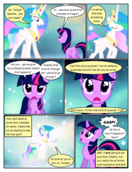 Size: 612x792 | Tagged: safe, artist:newbiespud, edit, edited screencap, imported from derpibooru, screencap, princess celestia, twilight sparkle, alicorn, pony, unicorn, comic:friendship is dragons, magical mystery cure, butt, comic, d:, dialogue, eyelashes, eyes closed, female, flying, jewelry, mare, open mouth, peytral, plot, raised hoof, screencap comic, smiling, tiara, twibutt, unicorn twilight