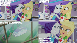 Size: 1280x720 | Tagged: safe, edit, edited screencap, editor:quoterific, imported from derpibooru, screencap, applejack, rarity, camping must-haves, equestria girls, equestria girls series, spoiler:eqg series (season 2), belt, clothes, cutie mark, cutie mark on clothes, denim skirt, female, geode of shielding, geode of super strength, jewelry, magical geodes, necklace, open mouth, open smile, rarity peplum dress, skirt, smiling