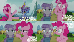 Size: 1280x720 | Tagged: safe, edit, edited screencap, editor:quoterific, imported from derpibooru, screencap, maud pie, pinkie pie, earth pony, pony, rock solid friendship, season 7, bipedal, female, mare, nose in the air, open mouth, open smile, smiling, twilight's castle, uvula, volumetric mouth