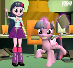 Size: 2057x1920 | Tagged: safe, artist:gradiusfanatic, imported from derpibooru, twilight sparkle, alicorn, pony, equestria girls, 3d, book, computer, female, grin, human ponidox, levitation, looking at you, magic, self ponidox, smiling, source filmmaker, telekinesis, twilight sparkle (alicorn), waving, waving at you