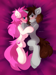 Size: 1500x2000 | Tagged: safe, artist:zlatavector, imported from derpibooru, oc, oc:bubblegum kiss, oc:shruggy, pony, unicorn, blushing, commission, couple, female, hug, male, purple background, shipping, simple background, ych result