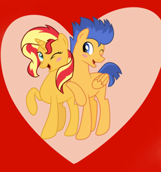 Size: 998x1065 | Tagged: safe, artist:dolphin2, imported from derpibooru, flash sentry, sunset shimmer, pegasus, pony, unicorn, equestria girls, abstract background, blue eyes, blush sticker, blushing, female, flashimmer, folded wings, heart, male, mare, one eye closed, open mouth, open smile, shipping, smiling, stallion, straight, tail, teal eyes, two toned mane, two toned tail, wings