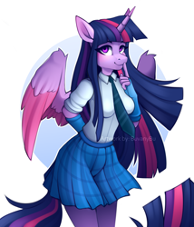 Size: 3543x4134 | Tagged: safe, artist:buvanybu, imported from derpibooru, twilight sparkle, alicorn, anthro, abstract background, arm warmers, clothes, female, high res, looking at you, mare, necktie, school uniform, shirt, skirt, smiling, smiling at you, solo, tail, twilight sparkle (alicorn), watermark, wings