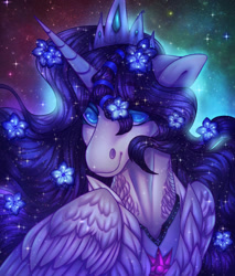 Size: 1280x1503 | Tagged: safe, artist:sadelinav, imported from derpibooru, oc, oc only, oc:galaxy, alicorn, pony, crown, female, flower, flower in hair, jewelry, mare, necklace, regalia, solo