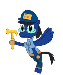 Size: 1456x1744 | Tagged: safe, artist:blazewing, imported from derpibooru, oc, oc only, oc:blazewing, pegasus, pony, belt, clothes, costume, disney, drawpile, fix-it felix jr., flying, glasses, gloves, halloween, halloween 2021, halloween costume, hammer, hat, logo, male, nightmare night, nightmare night 2021, nightmare night costume, pants, shirt, simple background, smiling, solo, white background, wreck-it ralph