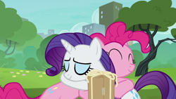 Size: 1280x720 | Tagged: safe, imported from derpibooru, screencap, pinkie pie, rarity, earth pony, pony, unicorn, season 6, the gift of the maud pie, ^^, box, cute, diapinkes, duo, duo female, eyes closed, female, hug, raribetes