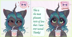 Size: 1999x1030 | Tagged: safe, artist:saltyvity, imported from derpibooru, queen chrysalis, oc, oc:fluffle puff, changeling, changeling queen, earth pony, pony, abstract background, blushing, canon x oc, changeling feeding, chrysipuff, comic, cute, cute little fangs, cutealis, fangs, female, flufflebetes, fluffy, horn, juice, lesbian, love, onomatopoeia, question mark, shipping, solo focus, sparkles, text