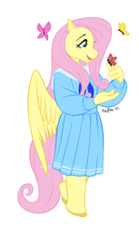 Size: 1012x1652 | Tagged: safe, artist:powree, imported from derpibooru, fluttershy, anthro, butterfly, pegasus, unguligrade anthro, clothes, cute, daaaaaaaaaaaw, dress, shyabetes, simple background, solo, white background, wings