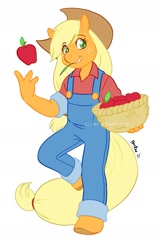 Size: 1075x1680 | Tagged: safe, artist:powree, imported from derpibooru, applejack, anthro, earth pony, unguligrade anthro, apple, basket, clothes, cute, food, freckles, overalls, simple background, solo, straw in mouth, white background