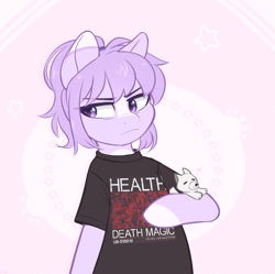 Size: 1200x1197 | Tagged: safe, artist:higgly-chan, imported from derpibooru, oc, oc only, oc:mio, dog, earth pony, pony, bipedal, clothes, female, frown, health (band), puppy, shirt, solo