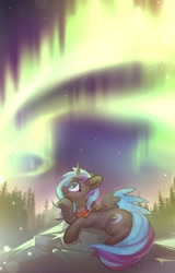 Size: 2625x4096 | Tagged: safe, artist:mirroredsea, imported from derpibooru, oc, oc only, alicorn, pony, alicorn oc, aurora borealis, colored wings, female, forest, freckles, horn, mare, multicolored wings, scenery, smiling, solo, wings