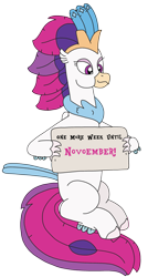 Size: 1755x3264 | Tagged: safe, artist:supahdonarudo, imported from derpibooru, queen novo, classical hippogriff, hippogriff, my little pony: the movie, holding, reminder, sign, simple background, sitting, transparent background