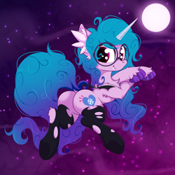 Size: 2500x2500 | Tagged: safe, artist:rurihal, imported from derpibooru, izzy moonbow, pony, unicorn, vampire, butt, clothes, costume, dock, ear fluff, full moon, g5, glasses, halloween, halloween costume, high res, holiday, izzy moonbutt, looking at you, moon, my little pony: a new generation, plot, round glasses, socks, solo, tail