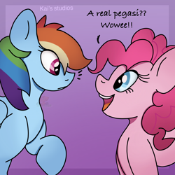 Size: 2000x2000 | Tagged: safe, artist:kaifurry, derpibooru exclusive, imported from derpibooru, pinkie pie, rainbow dash, earth pony, pegasus, pony, abstract background, blue eyes, confused, contest, dialogue, duo, duo female, eye contact, female, grammar error, happy, high res, looking at each other, mare, mlp fim's eleventh anniversary, multicolored hair, multicolored mane, open mouth, open smile, pink mane, rainbow hair, smiling, soft shading