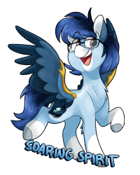 Size: 2467x3077 | Tagged: safe, artist:luximus17, imported from derpibooru, oc, oc only, oc:soaring spirit, pegasus, pony, armor, chest fluff, coat markings, colored hooves, colored wings, eye clipping through hair, eyebrows, eyebrows visible through hair, facial markings, glasses, high res, male, markings, open mouth, open smile, pegasus oc, simple background, smiling, socks (coat markings), solo, spread wings, stallion, standing on two hooves, transparent background, wing armor, wing brace, wings