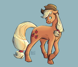 Size: 1280x1098 | Tagged: safe, artist:naomihubbard276, imported from derpibooru, applejack, earth pony, pony, blue background, cowboy hat, female, hat, mare, simple background, solo