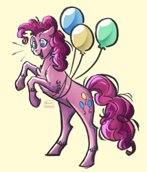 Size: 1280x1494 | Tagged: safe, artist:naomihubbard276, imported from derpibooru, pinkie pie, earth pony, pony, balloon, chest fluff, colored pupils, cute, diapinkes, floppy ears, fluffy, happy, leg fluff, open mouth, rearing, shoulder fluff, simple background, smiling, solo, unshorn fetlocks, yellow background