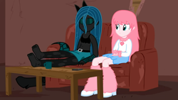 Size: 1280x720 | Tagged: safe, artist:mixermike622, imported from derpibooru, queen chrysalis, oc, oc:fluffle puff, human, equestria girls, barefoot, couch, dirty, equestria girls-ified, feet, feet on table, humanized, shoes off, shoes removed, socks removed, soles, table, youtube link