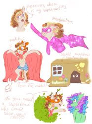 Size: 1900x2560 | Tagged: safe, artist:wh1te-moth, imported from derpibooru, oc, oc only, oc:bird cherry, oc:pixie, earth pony, pony, rabbit, unicorn, animal, bush, cape, cardboard box, clothes, dialogue, duo, earth pony oc, female, filly, high res, horn, implied fluttershy, magical lesbian spawn, mask, messy mane, offspring, parent:bon bon, parent:cheese sandwich, parent:fluttershy, parent:lyra heartstrings, parents:fluttersandwich, parents:lyrabon, simple background, unicorn oc, white background