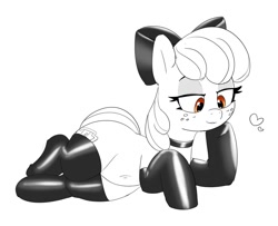 Size: 1200x975 | Tagged: safe, artist:pabbley, imported from derpibooru, apple bloom, earth pony, pony, bedroom eyes, belly button, bow, choker, clothes, female, floating heart, freckles, hair bow, heart, latex, latex socks, lidded eyes, lying down, mare, monochrome, older, older apple bloom, partial color, ponybooru import, raised hoof, raised leg, simple background, sketch, smiling, socks, solo, white background