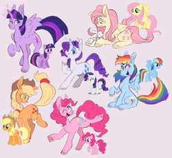 Size: 1250x1150 | Tagged: safe, artist:hellscirque, imported from derpibooru, angel bunny, applejack, fluttershy, pinkie pie, rainbow dash, rarity, twilight sparkle, alicorn, earth pony, pegasus, pony, unicorn, female, glowing, glowing horn, horn, lying down, mane six, mare, one eye closed, open mouth, open smile, prone, simple background, smiling, twilight sparkle (alicorn), wink