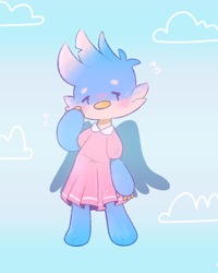 Size: 806x1008 | Tagged: safe, artist:typhwosion, imported from derpibooru, gallus, griffon, semi-anthro, blushing, clothes, cloud, crossdressing, dress, male, requested art, shy, solo, sweat, wings