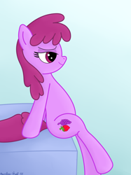 Size: 3016x4032 | Tagged: safe, artist:rainbowšpekgs, imported from derpibooru, berry punch, berryshine, earth pony, pony, bed, bedroom eyes, bipedal, bipedal leaning, female, gradient background, high res, leaning, mare, sitting, sitting on bed, smiling, smirk, solo