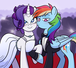 Size: 1251x1121 | Tagged: safe, artist:sicknastyjr, imported from derpibooru, rainbow dash, rarity, pegasus, pony, unicorn, blushing, bowtie, camera flashes, clothes, dress, duo, female, frown, holding hooves, jewelry, lesbian, mare, necklace, raridash, shipping, silhouette, smiling, tuxedo, white pupils