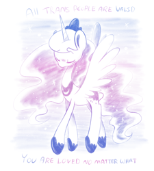 Size: 1080x1200 | Tagged: safe, artist:typhwosion, imported from derpibooru, princess luna, alicorn, pony, eyes closed, jewelry, positive ponies, pride, pride flag, regalia, requested art, solo, spread wings, transgender, transgender pride flag, wings