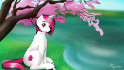 Size: 3840x2160 | Tagged: safe, artist:autumnsmonologue8, imported from derpibooru, oc, oc only, oc:pink lotus, pony, unicorn, high res, solo, tree, water