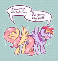 Size: 1024x1085 | Tagged: safe, artist:typhwosion, imported from derpibooru, fluttershy, rainbow dash, pegasus, pony, blushing, dialogue, duo, eyes closed, female, mare, open mouth, open smile, positive ponies, requested art, smiling, sparkles, speech bubble, spread wings, wings