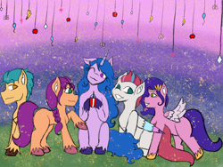 Size: 2048x1536 | Tagged: safe, artist:mintymelody, imported from derpibooru, hitch trailblazer, izzy moonbow, pipp petals, sunny starscout, zipp storm, earth pony, pegasus, unicorn, g5, mane five (g5), mlp fim's eleventh anniversary, my little pony: a new generation