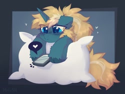 Size: 2000x1500 | Tagged: safe, alternate version, artist:mirtash, imported from derpibooru, oc, oc only, oc:maple parapet, pony, unicorn, cellphone, heart, phone, pillow, smartphone, solo, unshorn fetlocks