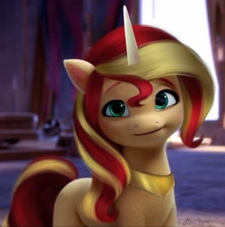 Size: 1078x1085 | Tagged: safe, artist:mira.veike, edit, edited screencap, imported from derpibooru, screencap, sunset shimmer, pony, unicorn, equestria girls, spoiler:g5, spoiler:my little pony: a new generation, bacon hair, female, g4, g4 to g5, g5, g5 movie accurate, jewelry, mare, my little pony: a new generation, regalia, solo