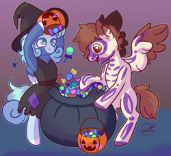 Size: 2556x2328 | Tagged: safe, artist:lechu-zaz, imported from derpibooru, oc, oc only, oc:aqua cloud, oc:onsti, pegasus, pony, candy, clothes, costume, food, halloween, halloween costume, high res, holiday, nightmare night, pegasus oc, pumpkin, skeleton costume, witch