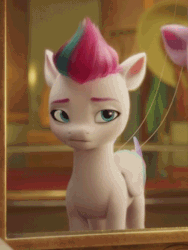 Size: 386x512 | Tagged: safe, imported from derpibooru, screencap, queen haven, zipp storm, pegasus, pony, spoiler:my little pony: a new generation, adorazipp, animated, blinking, cropped, cute, female, g5, gif, mare, mirror, my little pony: a new generation, offscreen character, reflection, sad, sadorable, solo focus, wires