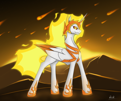 Size: 3000x2500 | Tagged: safe, artist:diskrt, imported from derpibooru, daybreaker, alicorn, pony, female, high res, mare, meteor shower, smiling, smirk, solo, sun