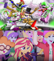 Size: 1920x2160 | Tagged: safe, edit, edited screencap, imported from derpibooru, screencap, aqua blossom, drama letter, fry lilac, golden hazel, hunter hedge, sandy cerise, scribble dee, sunset shimmer, velvet sky, watermelody, equestria girls, equestria girls series, sunset's backstage pass!, spoiler:eqg series (season 2), comparison, devil horn (gesture), electric guitar, five nights at freddy's, five nights at freddy's security breach, glamrock chica, glamrock freddy, guitar, keytar, microphone, montgomery gator, musical instrument, roxanne wolf, tongue out